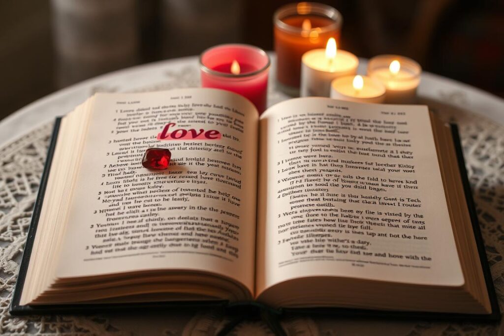 Eine aufgeschlagene Bibel mit einem markierten Vers über die Liebe Eine aufgeschlagene Bibel mit einem markierten Vers über die Liebe