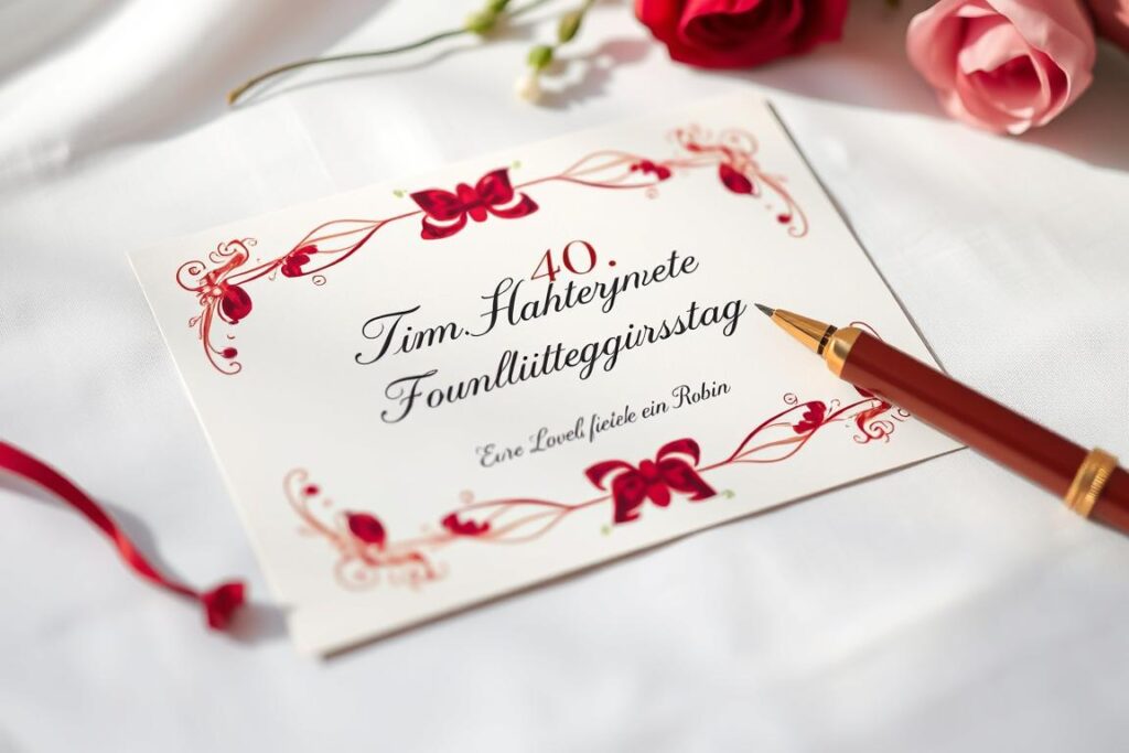 Eine elegante Glückwunschkarte mit einem Rubinhochzeit Spruch und roter Dekoration Eine elegante Glückwunschkarte mit einem Rubinhochzeit Spruch und roter Dekoration
