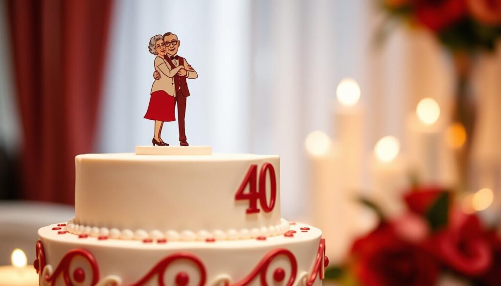 Eine elegante Rubinhochzeitstorte mit einem humorvollen Tortentopperpaar, das eine witzige Eheszene darstellt