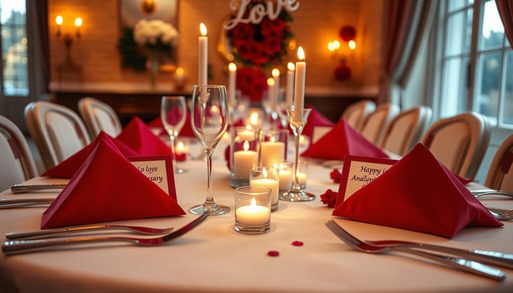 Eine festlich gedeckte Tafel mit Platzkarten, auf denen Rubinhochzeit Sprüche stehen Eine festlich gedeckte Tafel mit Platzkarten, auf denen Rubinhochzeit Sprüche stehen