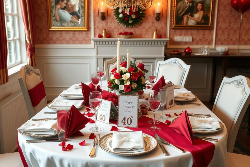 Eine festlich gedeckte Tafel mit Rubinhochzeitsdekoration und Glückwunschkarten