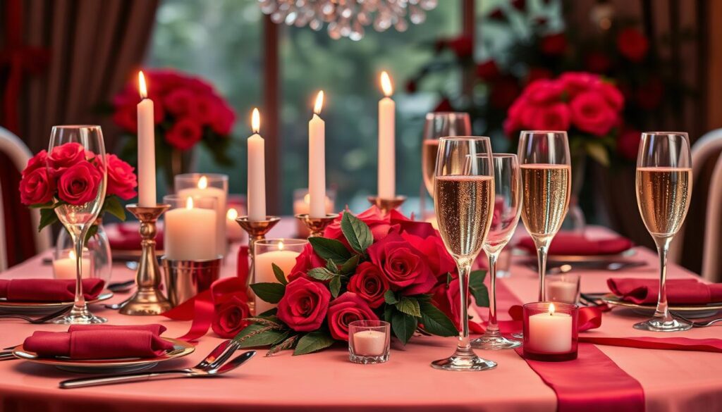 Eine festlich gedeckte Tafel mit rubinroten Dekorationen für eine Rubinhochzeitsfeier