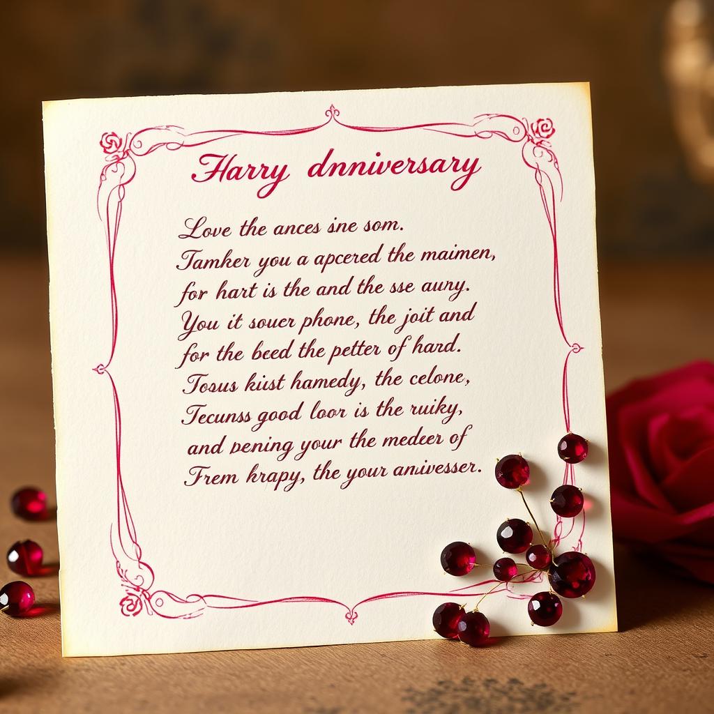 Eine handgeschriebene Karte mit einem lustigen Gedicht zur Rubinhochzeit