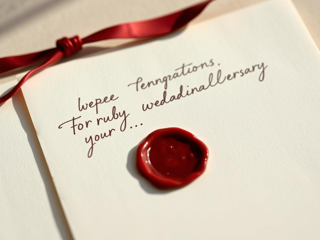 Eine handgeschriebene Karte mit persönlichen Glückwünschen zur Rubinhochzeit Eine handgeschriebene Karte mit persönlichen Glückwünschen zur Rubinhochzeit