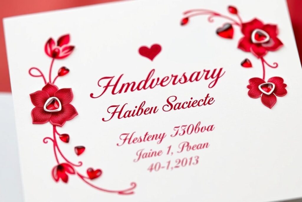 Eine personalisierte Rubinhochzeitskarte mit eingravierten Namen und Datum