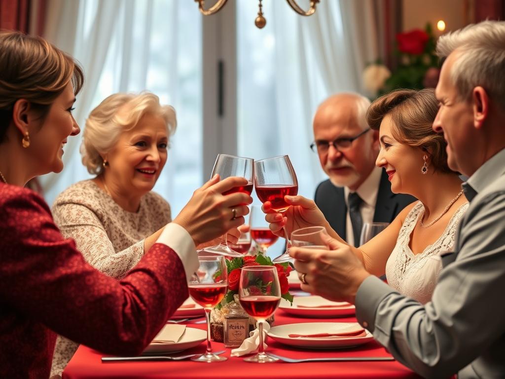 Eine typisch deutsche Rubinhochzeitsfeier mit Gästen, die auf das Jubelpaar anstoßen