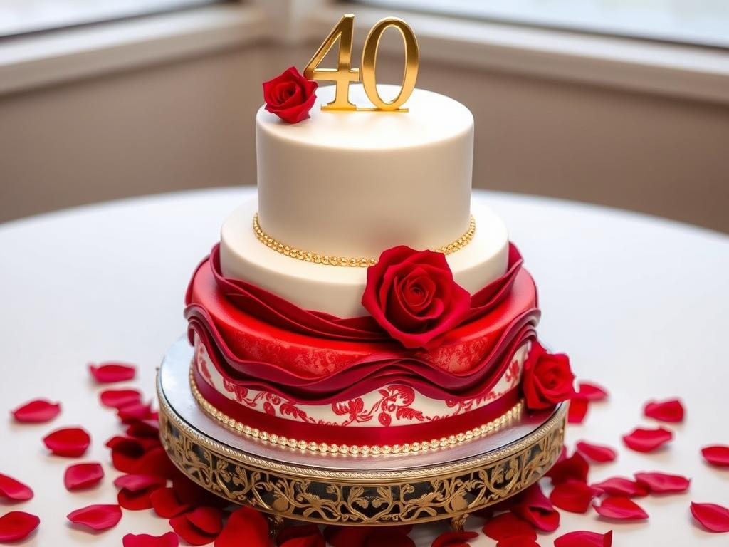 Elegante Rubinhochzeitstorte mit goldenen Verzierungen zum 40. Hochzeitstag