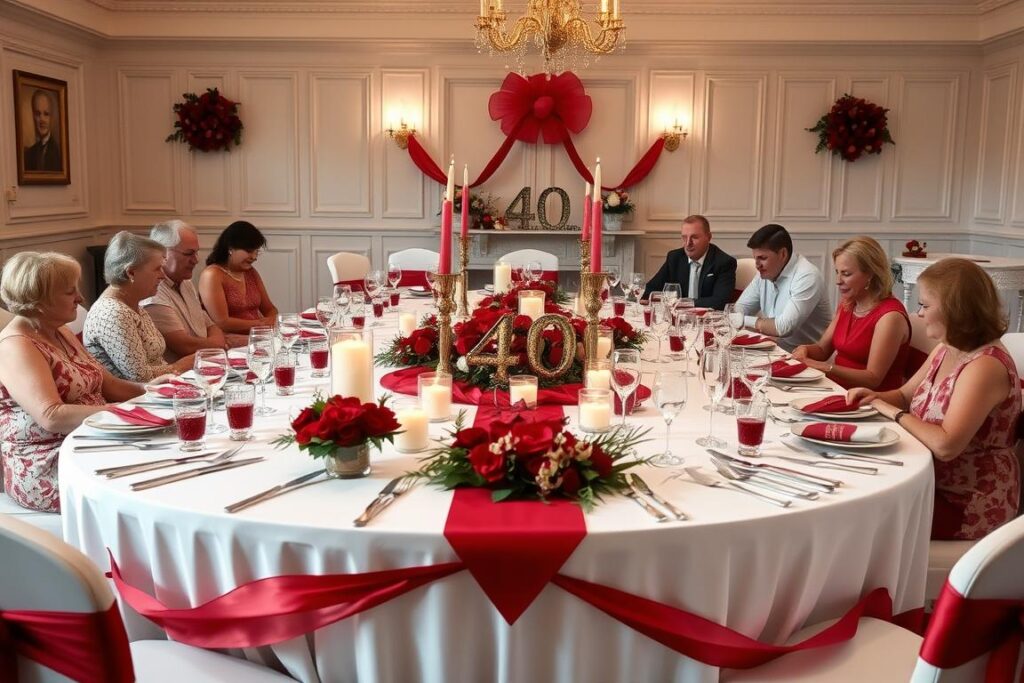 Festlich gedeckter Tisch für eine Rubinhochzeitsfeier mit Familie und Freunden zum 40. Hochzeitstag