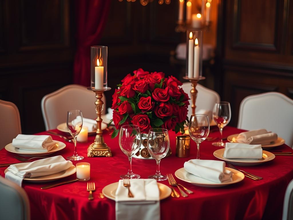Festlich gedeckter Tisch mit rubinroter Dekoration für die 40. Hochzeitstag Rubinhochzeit