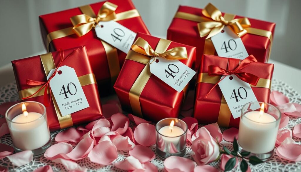 Festlich verpackte Geschenke in Rubinrot und Gold zum 40. Hochzeitstag