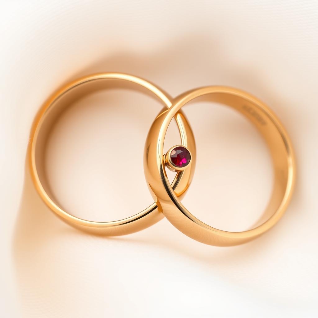 Goldene Eheringe mit einem kleinen Rubin als Symbol für den 40. Hochzeitstag