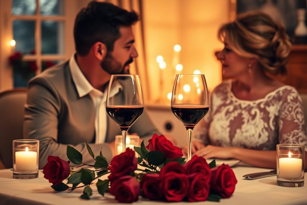 Intimes Dinner eines Ehepaares zur Feier ihrer Rubinhochzeit zum 40. Hochzeitstag