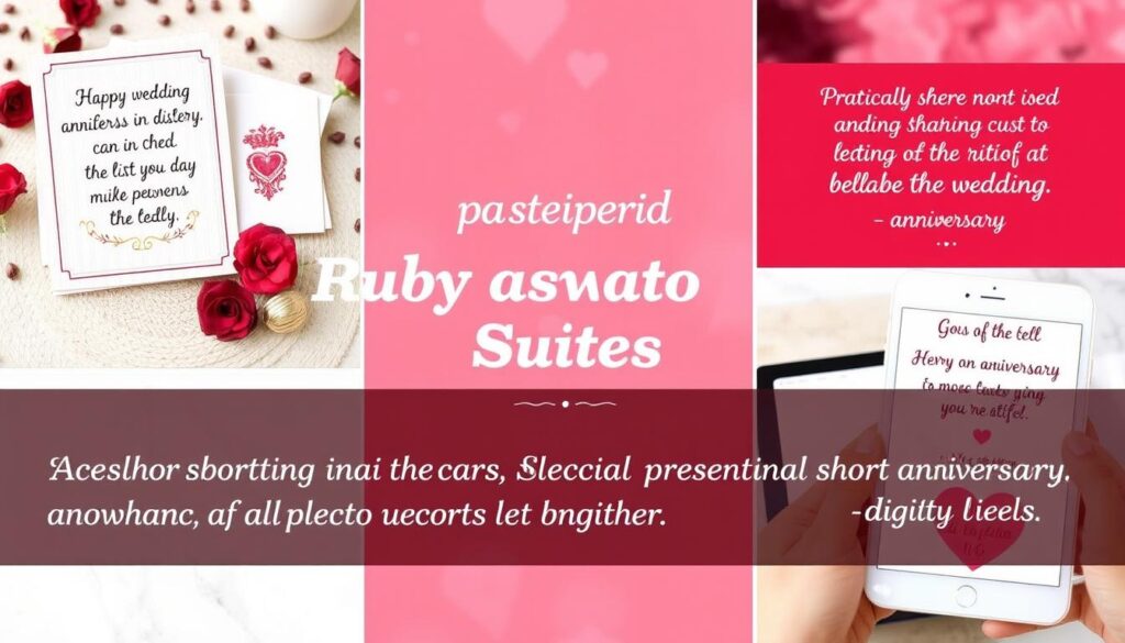 Verschiedene kreative Präsentationen von Rubinhochzeit-Sprüchen auf Karten, in Reden und digital