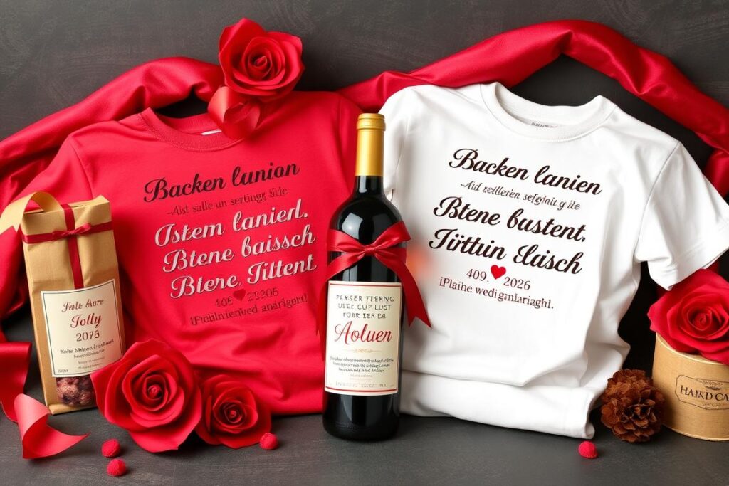 Witzige Geschenke zur Rubinhochzeit wie personalisierte T-Shirts mit lustigen Sprüchen und eine humorvolle Weinflasche