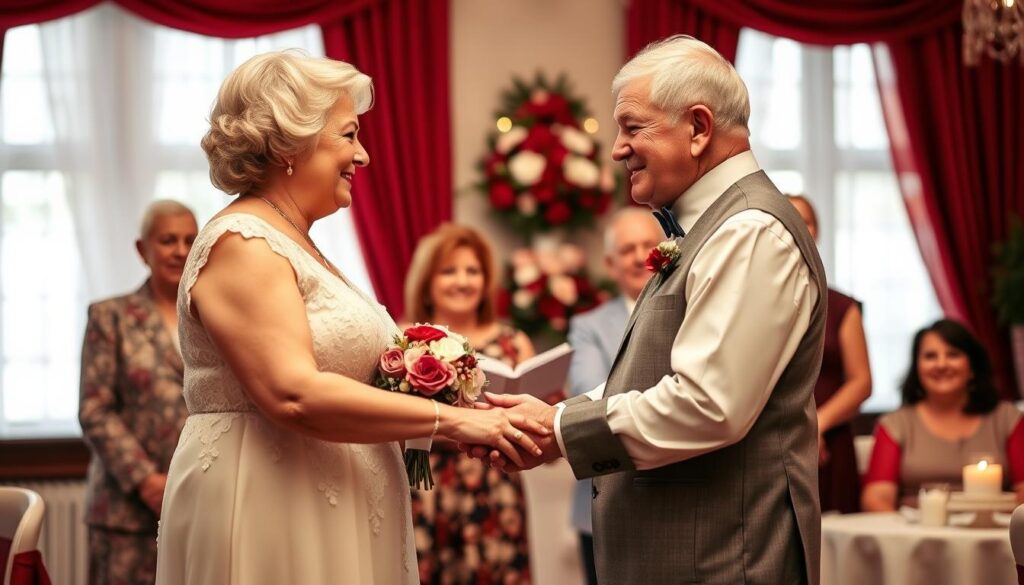 Älteres Ehepaar erneuert sein Eheversprechen zur Rubinhochzeit