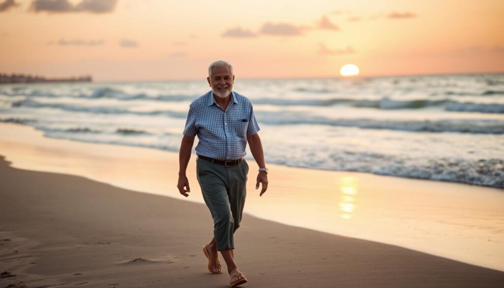Älteres Ehepaar genießt einen Strandspaziergang während ihrer Rubinhochzeitsreise