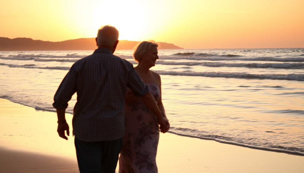 Älteres Paar genießt Sonnenuntergang am Strand bei ihrer Jubiläumsreise