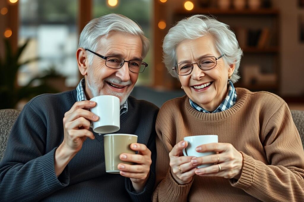 Älteres Paar lacht gemeinsam bei einer Tasse Kaffee