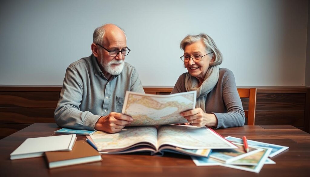 Älteres Paar plant gemeinsam zukünftige Abenteuer nach 40 Jahren Ehe