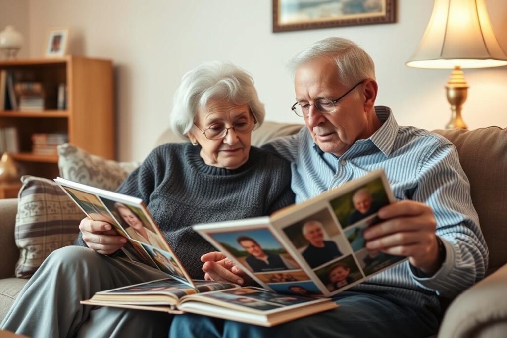 Älteres Paar schaut gemeinsam alte Fotoalben an