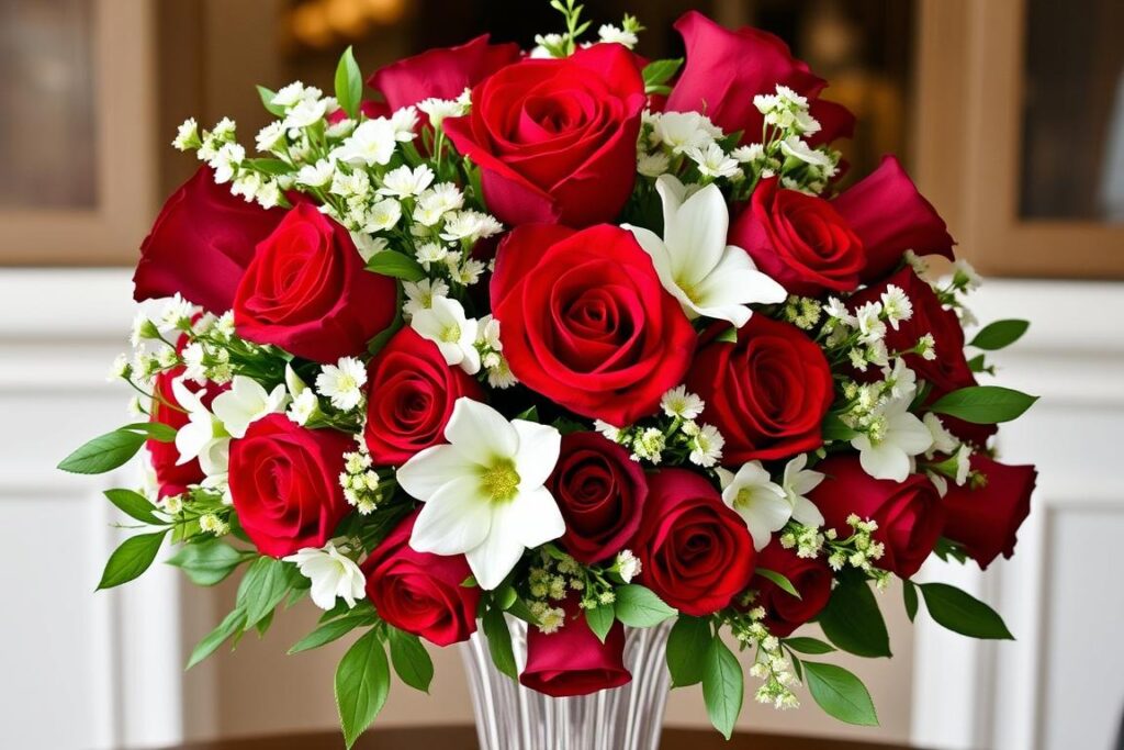 Blumenarrangement mit rubinroten Rosen für die 40. Hochzeitsfeier