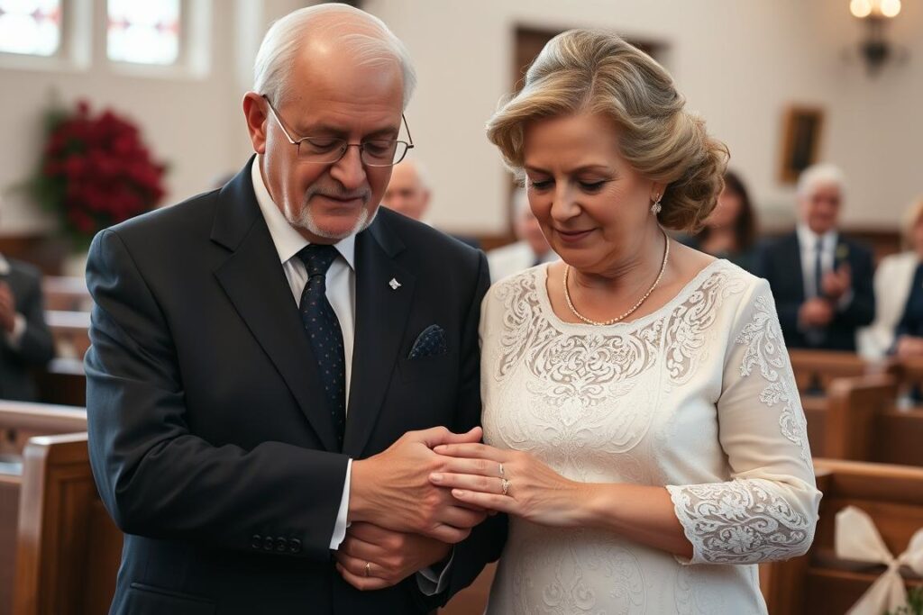 Ein Ehepaar bei einem Dankgottesdienst anlässlich ihrer Rubinhochzeit Ein Ehepaar bei einem Dankgottesdienst anlässlich ihrer Rubinhochzeit