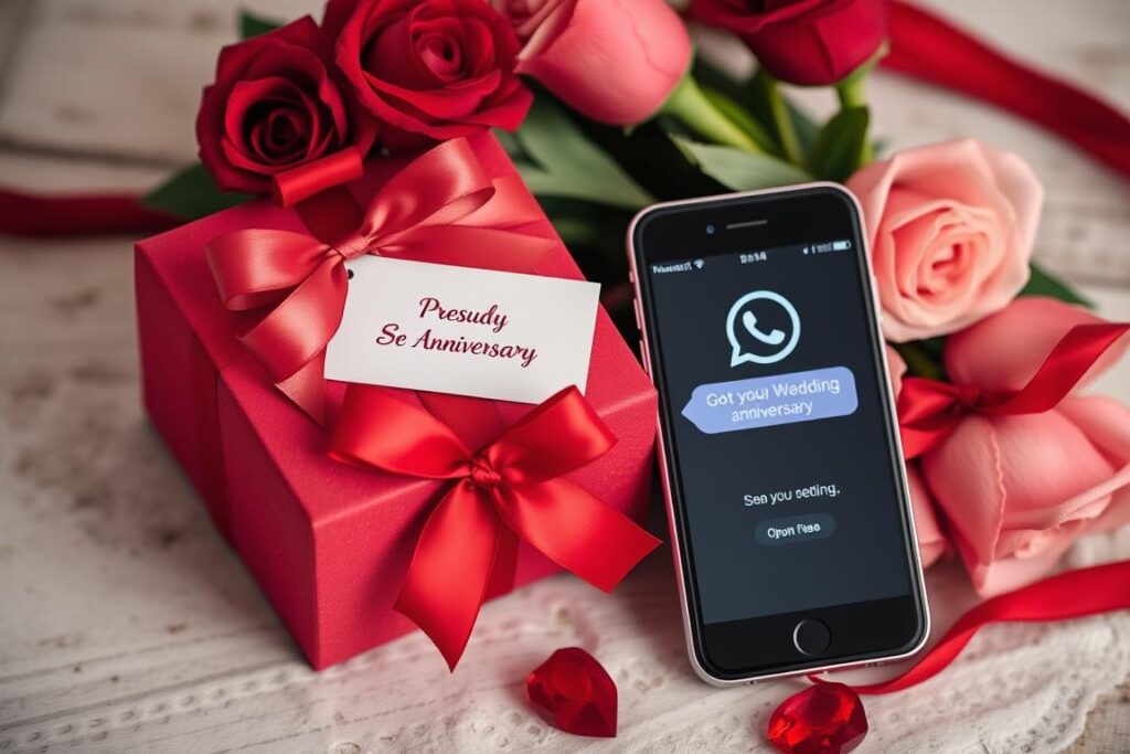 Ein Geschenk und Blumen neben einem Smartphone mit WhatsApp-Nachricht zur Rubinhochzeit