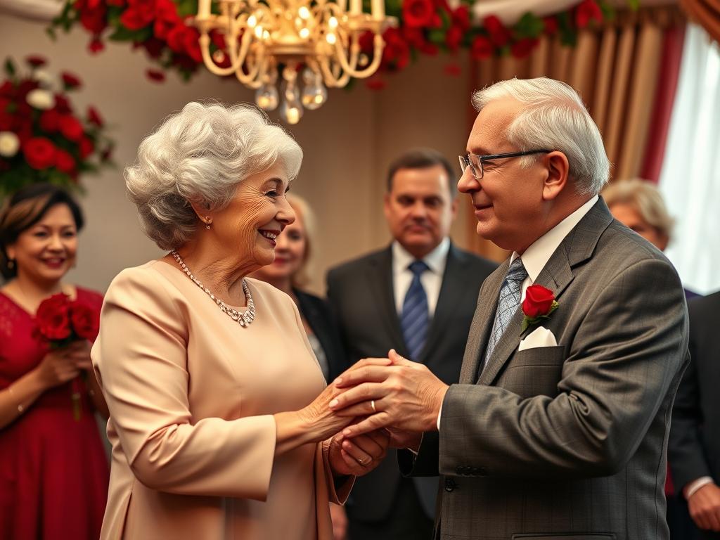 Ein Paar erneuert sein Eheversprechen zur Feier des 40. Hochzeitstags im Kreis der Familie