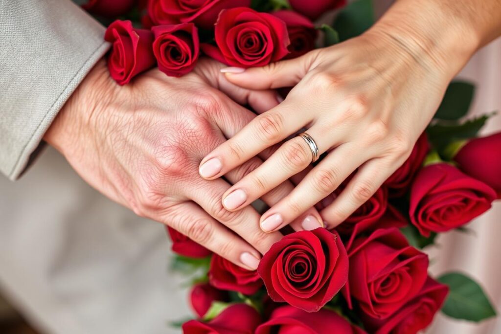 Ein Paar hält Händchen mit sichtbaren Eheringen, umgeben von rubinroten Rosen