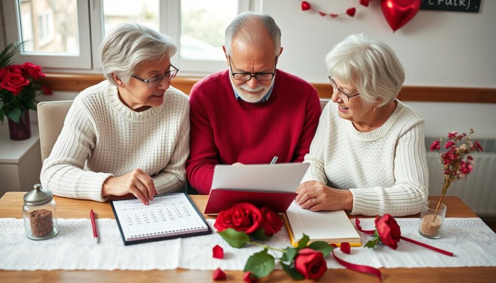 Ein Paar plant seine Rubinhochzeitsfeier mit einem Kalender und Notizen