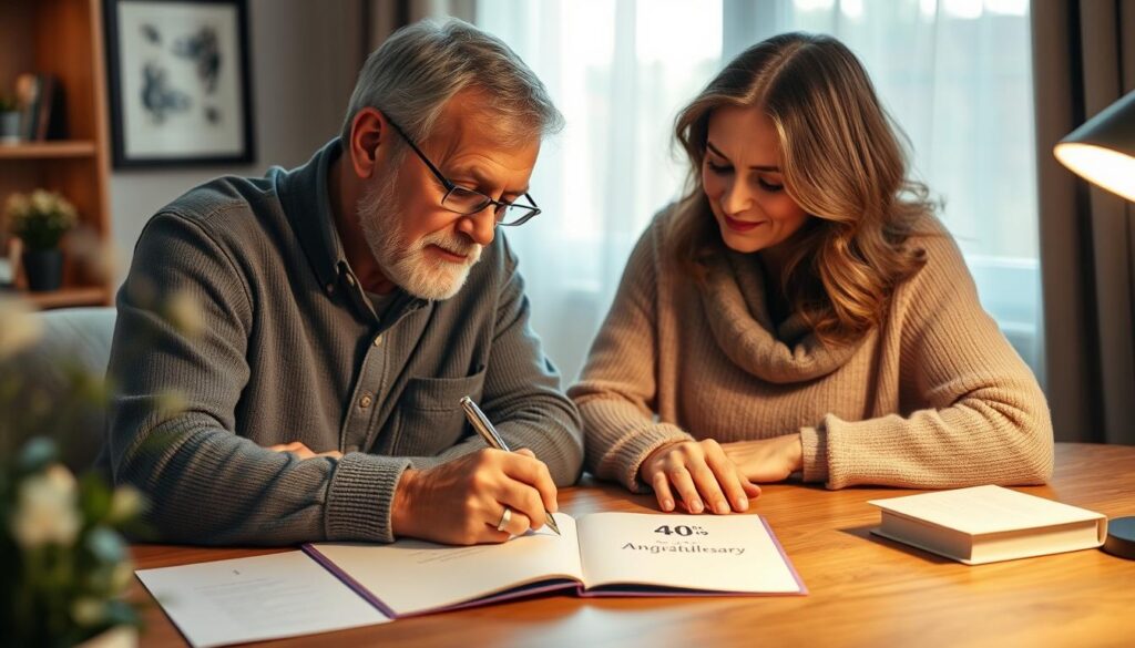 Ein Paar schreibt persönliche Glückwünsche in eine Karte zur Rubinhochzeit