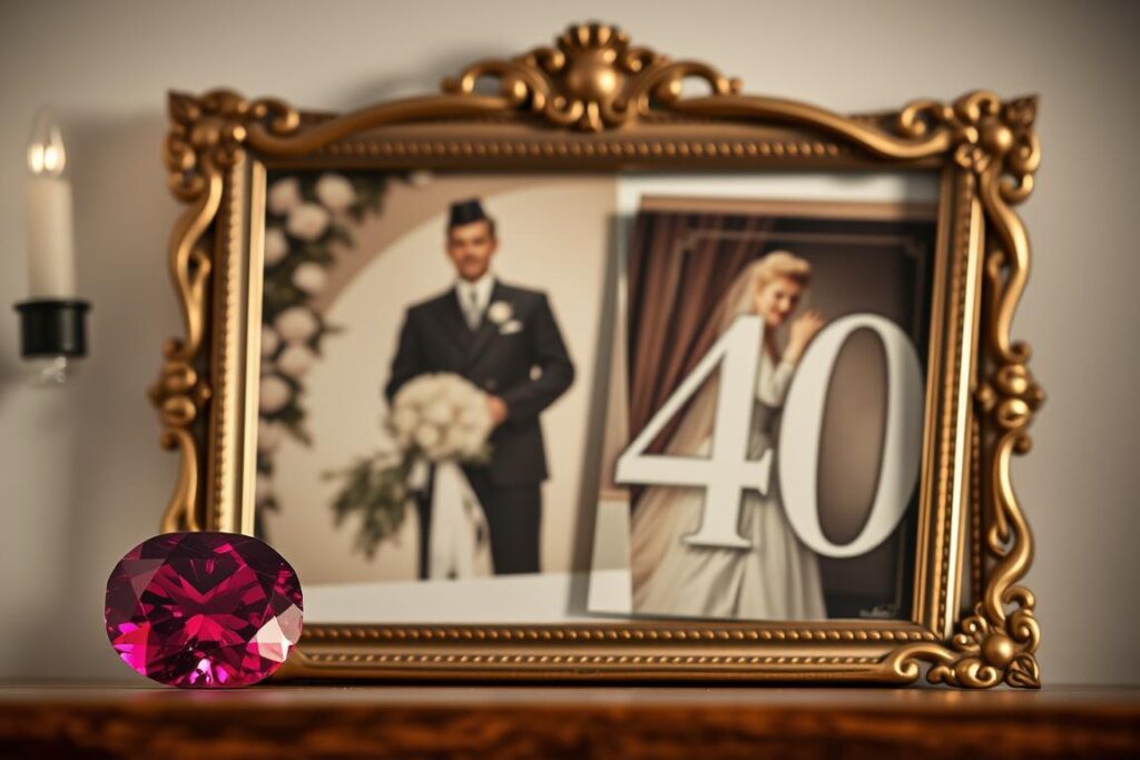 40 Jahre zusammen Sprüche -Ein Rubin-Edelstein neben einem Hochzeitsfoto, das 40 Jahre zusammen symbolisiert