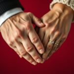 Ein Rubinhochzeitspaar hält Hände mit Eheringen vor rubinrotem Hintergrund Rubinhochzeit Sprüche Kurz - Ein Rubinhochzeitspaar hält Hände mit Eheringen vor rubinrotem Hintergrund