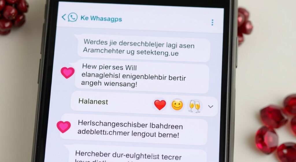 Ein Smartphone zeigt kurze Glückwünsche zur Rubinhochzeit auf WhatsApp Ein Smartphone zeigt kurze Glückwünsche zur Rubinhochzeit auf WhatsApp
