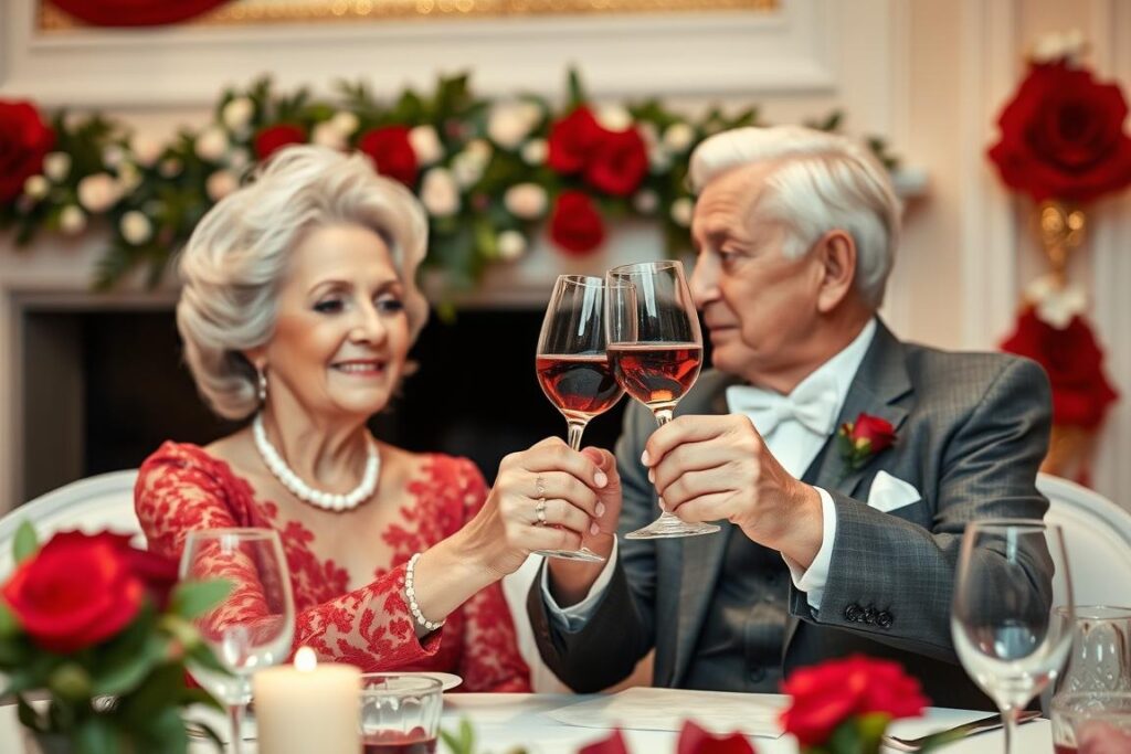 Ein älteres Ehepaar beim Anstoßen mit Weingläsern bei ihrer Rubinhochzeitsfeier