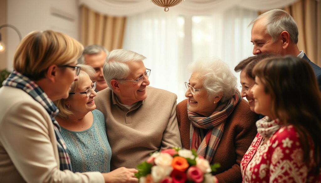 Ein älteres Ehepaar blickt glücklich auf 40 gemeinsame Jahre zurück, umgeben von Familie