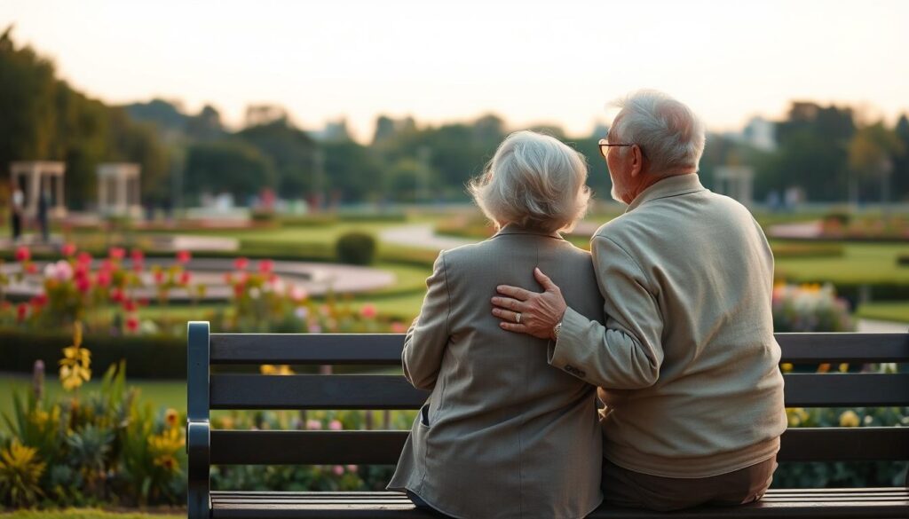 Ein älteres Ehepaar blickt glücklich in die Zukunft nach 40 Jahren gemeinsamer Ehe
