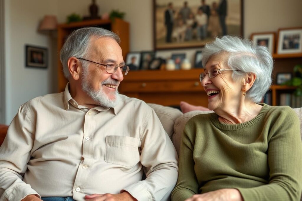 Ein älteres Ehepaar, das sich gegenseitig neckt und dabei herzlich lacht