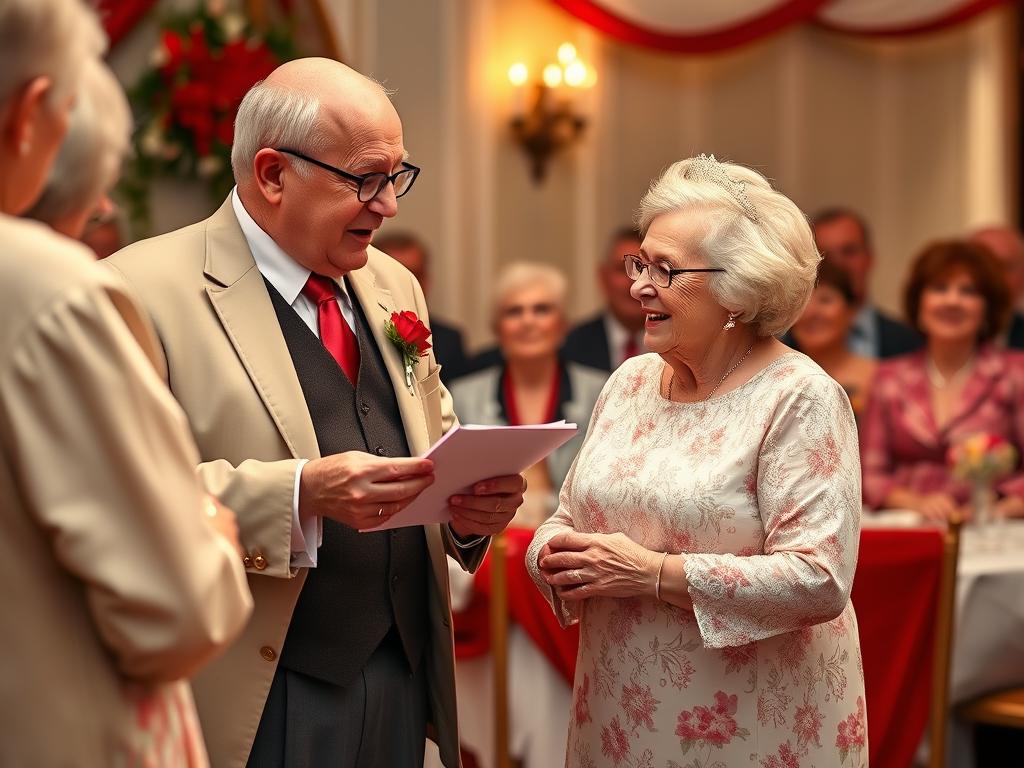 Ein älteres Ehepaar erneuert sein Eheversprechen auf humorvolle Weise bei ihrer Rubinhochzeitsfeier