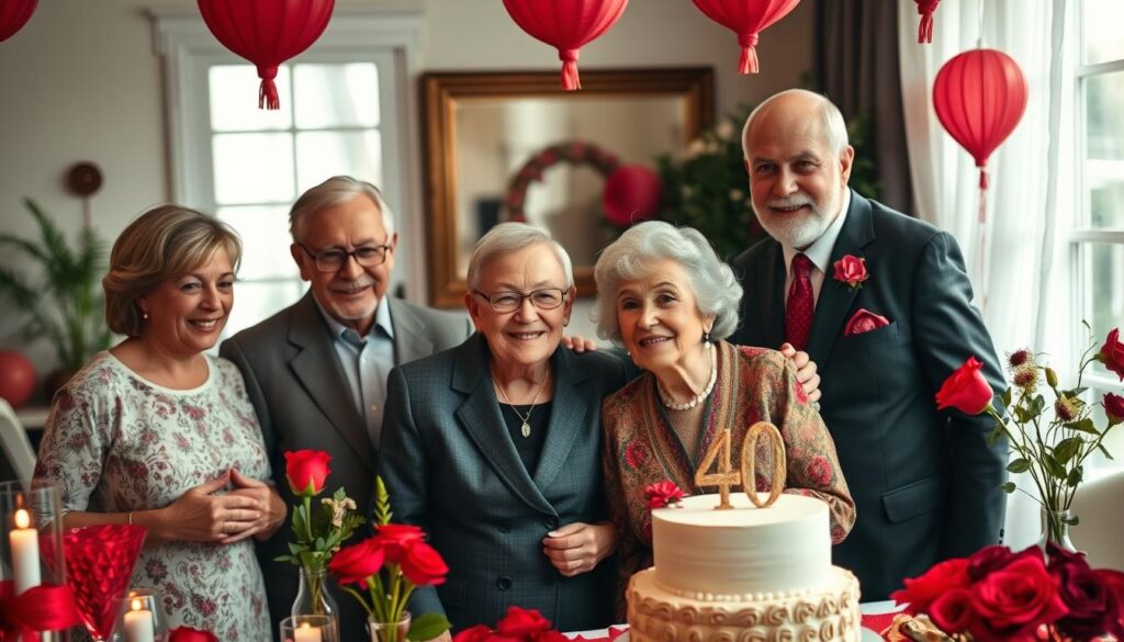 Ein älteres Ehepaar feiert seine Rubinhochzeit mit Familie und Freunden