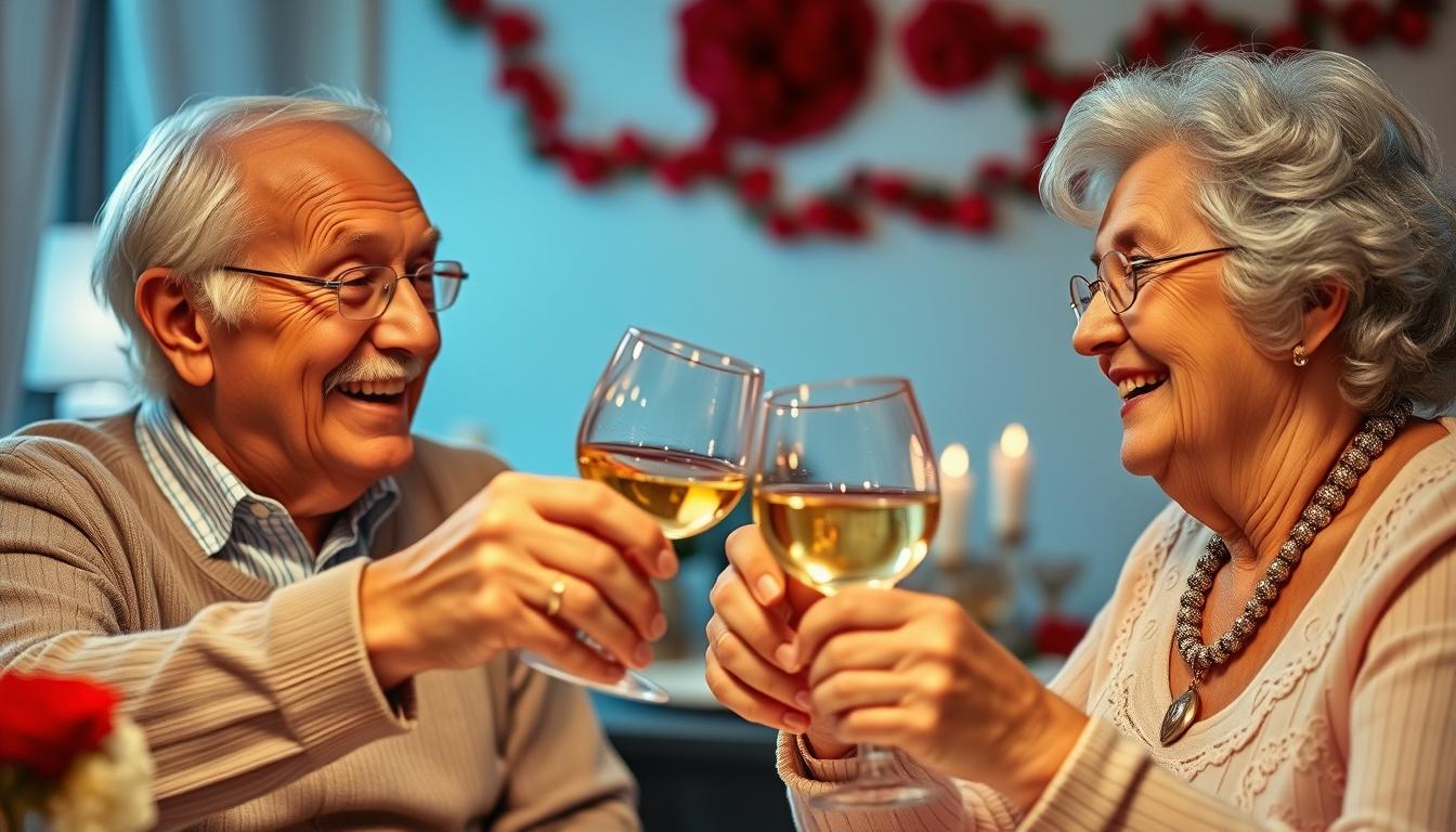 Glückwünsche zum 40. Hochzeitstag kostenlos: Herzliche Worte zur Rubinhochzeit 2 Ein älteres Ehepaar feiert seine Rubinhochzeit mit einem Glas Wein