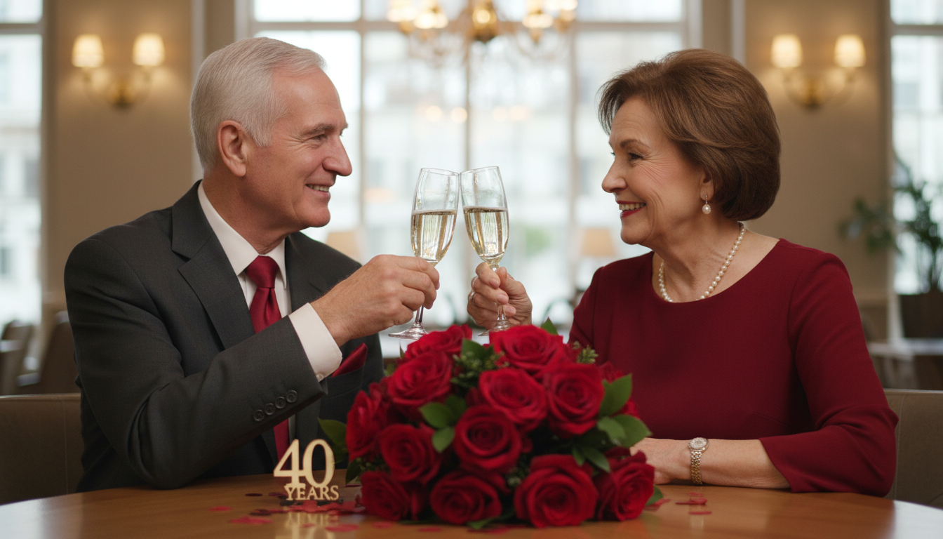 Glückwünsche zum 40. Hochzeitstag: Die schönsten Worte zur Rubinhochzeit 2 Ein älteres Ehepaar feiert seinen 40. Hochzeitstag mit einem Glas Champagner und einem rubinroten Blumenstrauß
