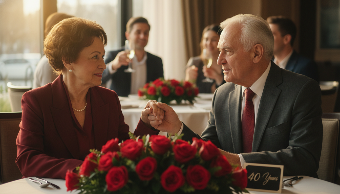 Ein älteres Ehepaar hält Händchen bei ihrer Rubinhochzeit, umgeben von rubinroten Rosen
