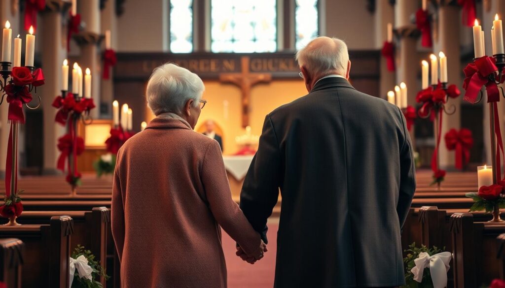 Ein älteres Ehepaar hält Händchen in einer Kirche, umgeben von Kerzen zur Rubinhochzeit