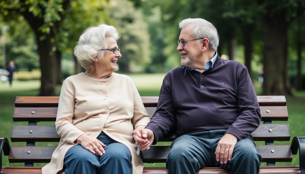 Ein älteres Ehepaar hält Händchen und lächelt sich an