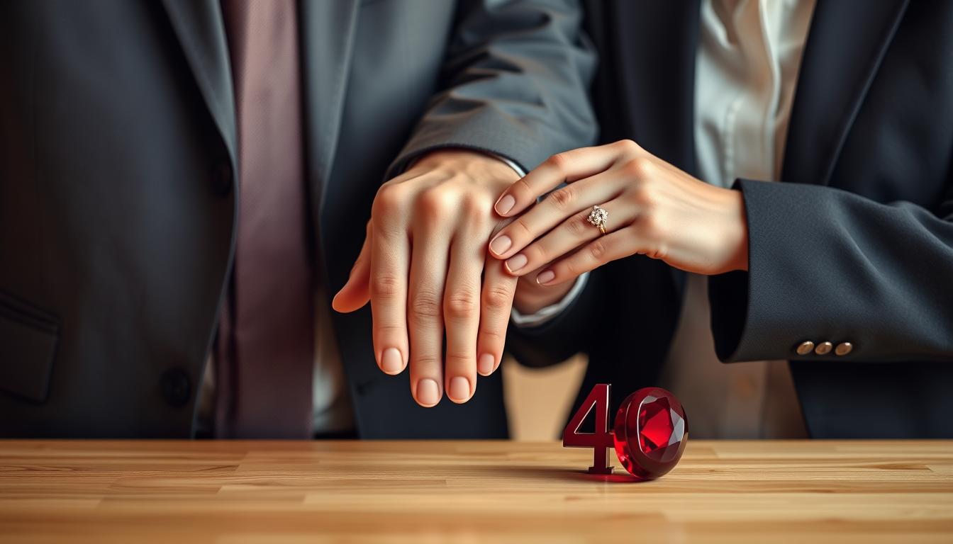 Ein älteres Ehepaar hält Hände mit Eheringen, daneben liegt ein Rubin als Symbol für den 40. Hochzeitstag
