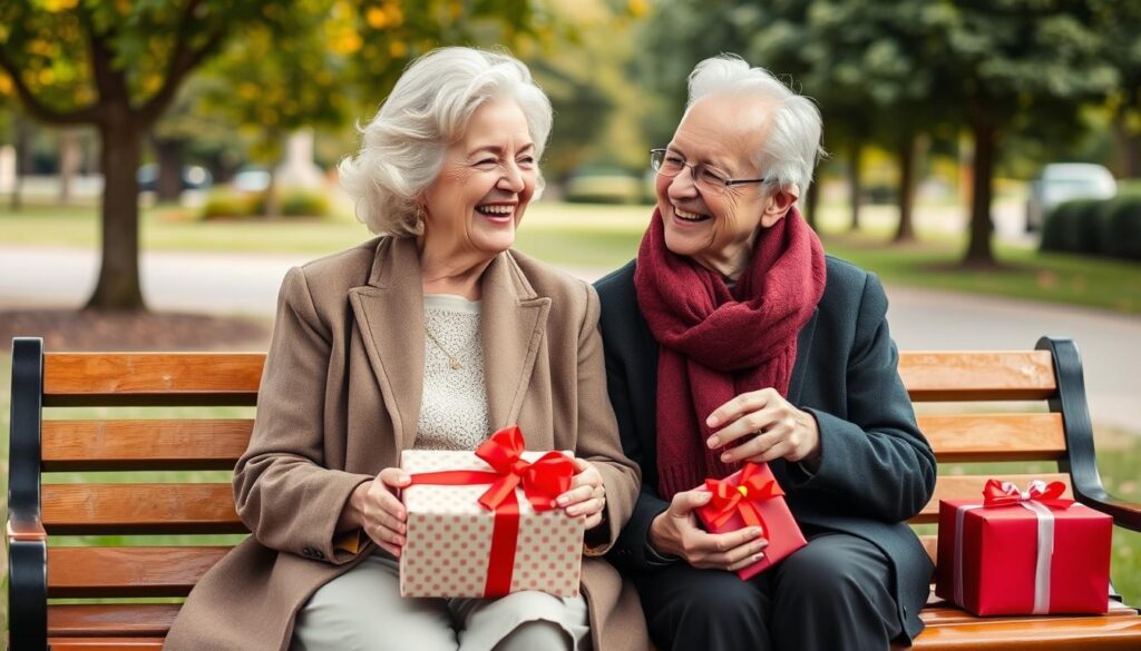 Ein älteres Ehepaar lacht gemeinsam auf einer Bank, umgeben von Geschenken zur Rubinhochzeit