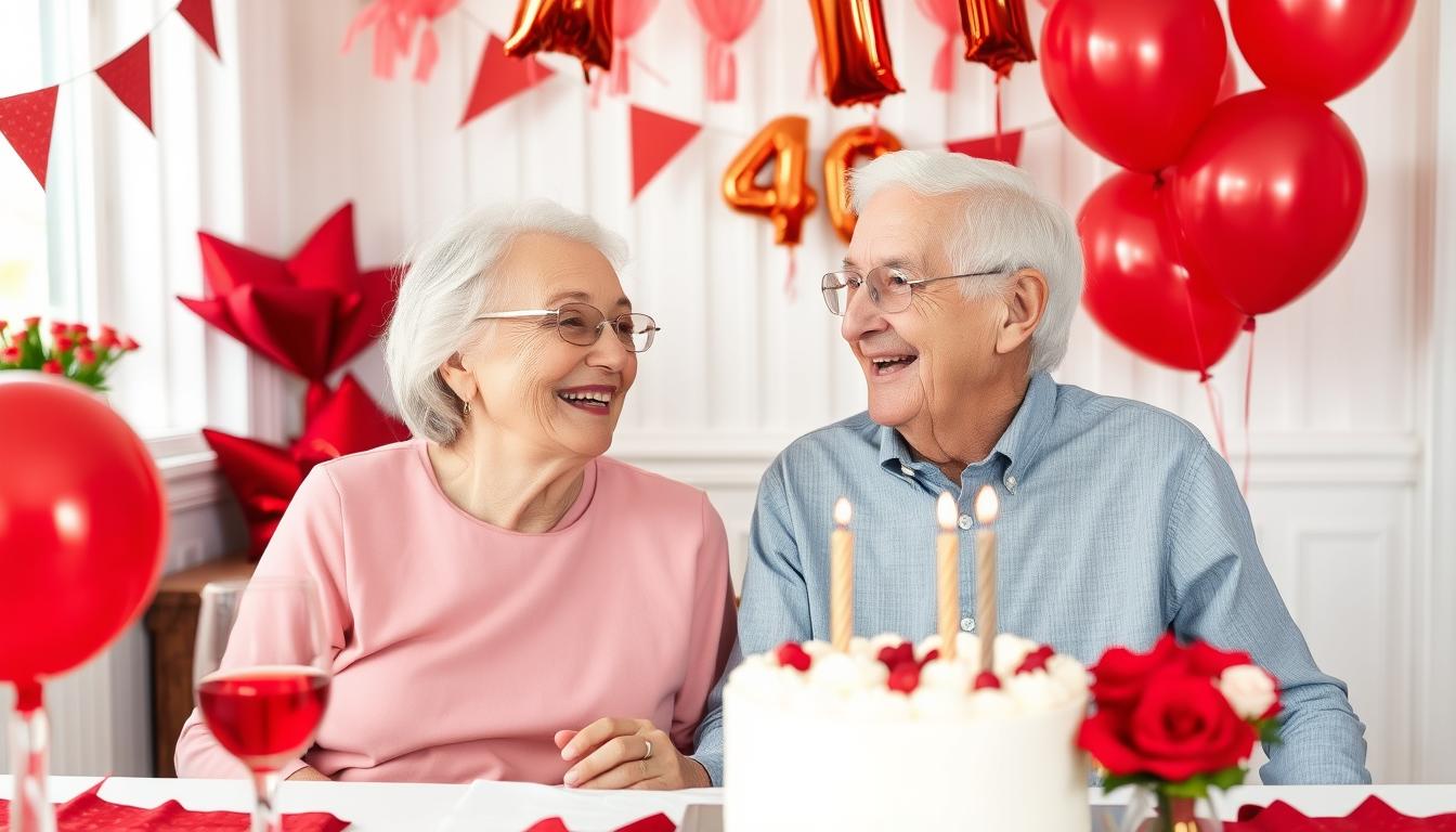 Ein älteres Ehepaar lacht gemeinsam auf ihrer Rubinhochzeitsfeier, umgeben von rubinroten Dekorationen
