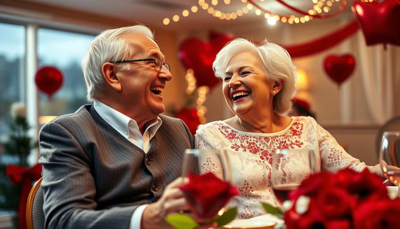 Witzige Sprüche zur Rubinhochzeit: Mit Humor 40 Jahre Ehe feiern 1 Ein älteres Ehepaar lacht gemeinsam bei ihrer Rubinhochzeitsfeier, umgeben von roten Dekorationen