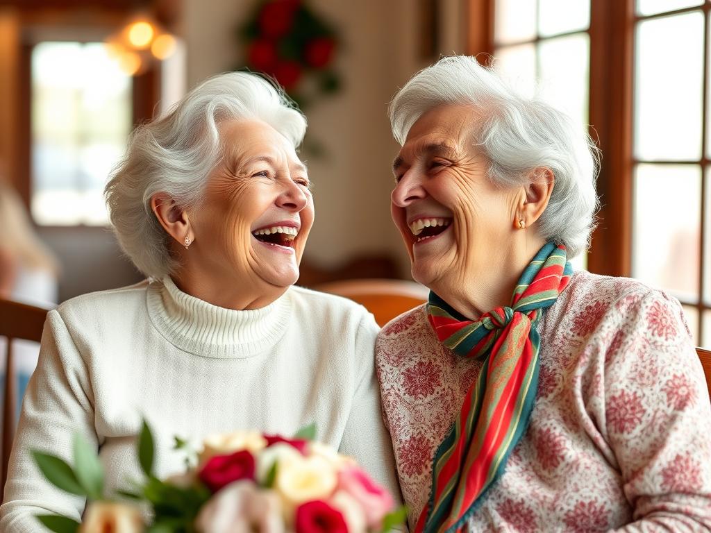 Ein älteres Ehepaar lacht gemeinsam bei ihrer Rubinhochzeitsfeier